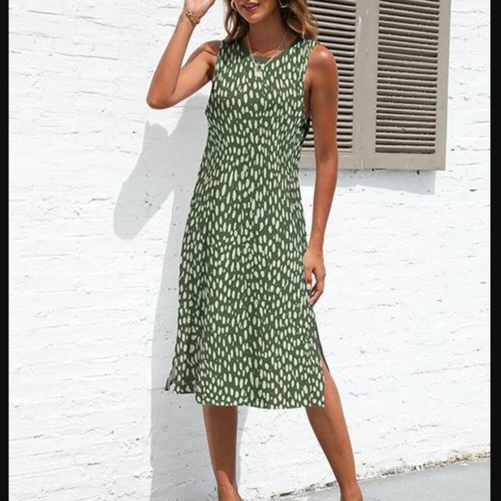 Green & Cream Abstract Dot Sleeveless Midi Dress